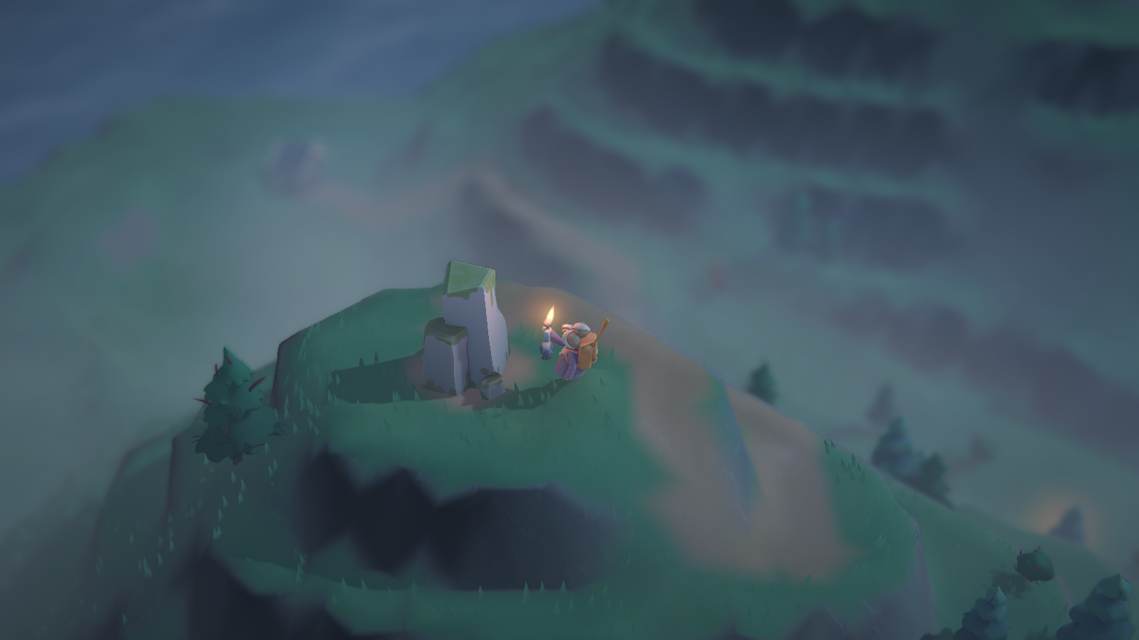 The player character standing on top of a mountain