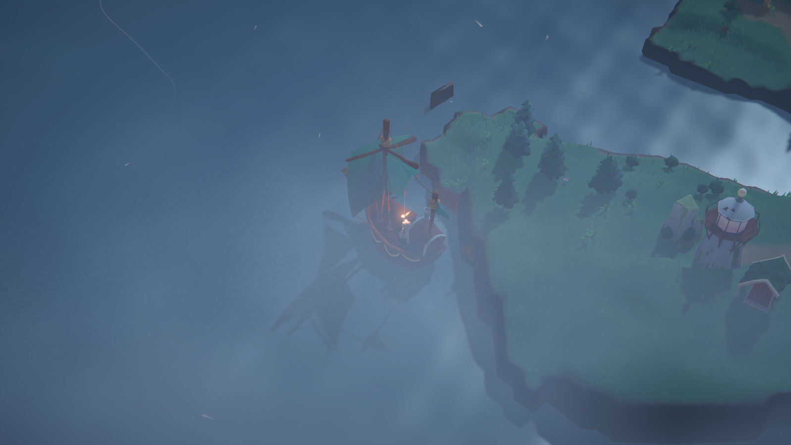 The player character sailing a boat next to an island